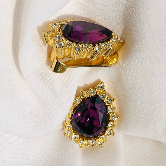 Vintage Christian Dior Pear Tear Drop Crystal Gripoix Glass Clip On Earrings - Picture 5 of 8